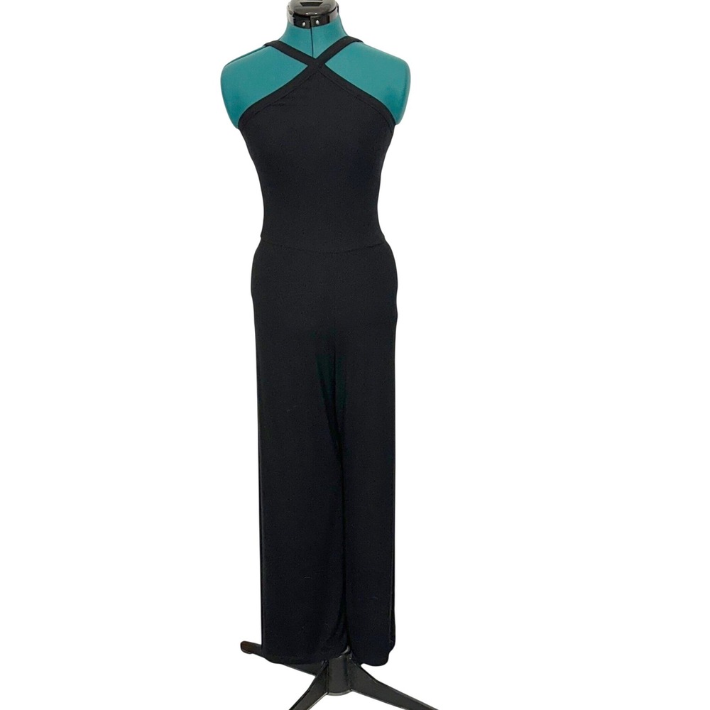LNA Clothing Jumpsuit Halter Criss Cross Ribbed Wide Leg Small Black Minimalist‎